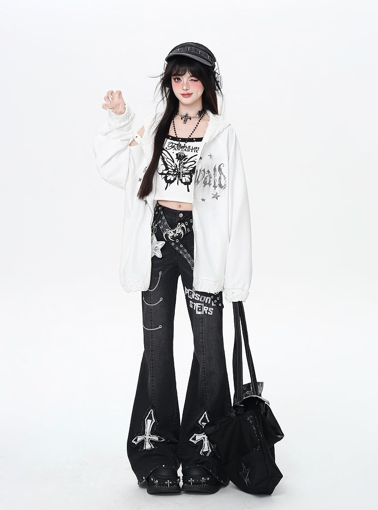 Zip-up Hooded Jacket with Distressed Holes and Cutout Shoulder White/Black