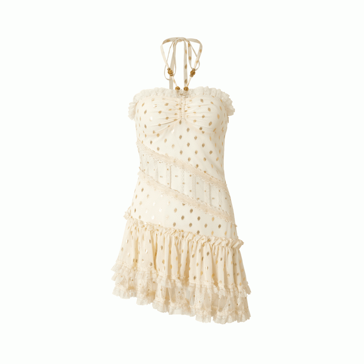 Beige/Black Neck Waist Polka-dot Vintage Halter Lace Patches