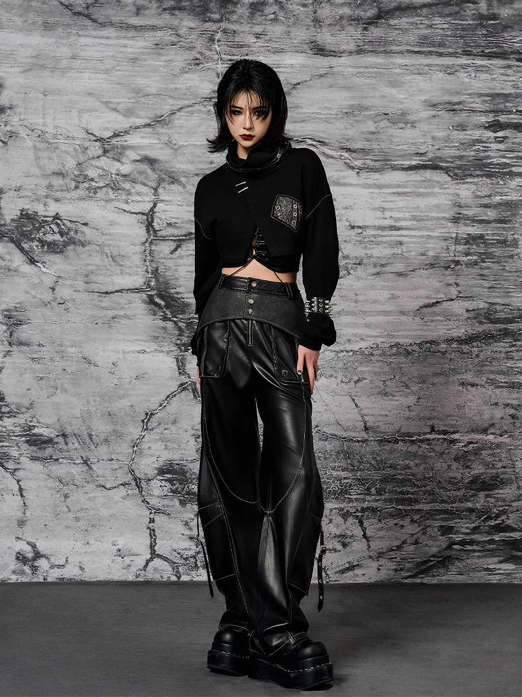 Black PU Punk Cargo Pants With Adjustable Metal Straps