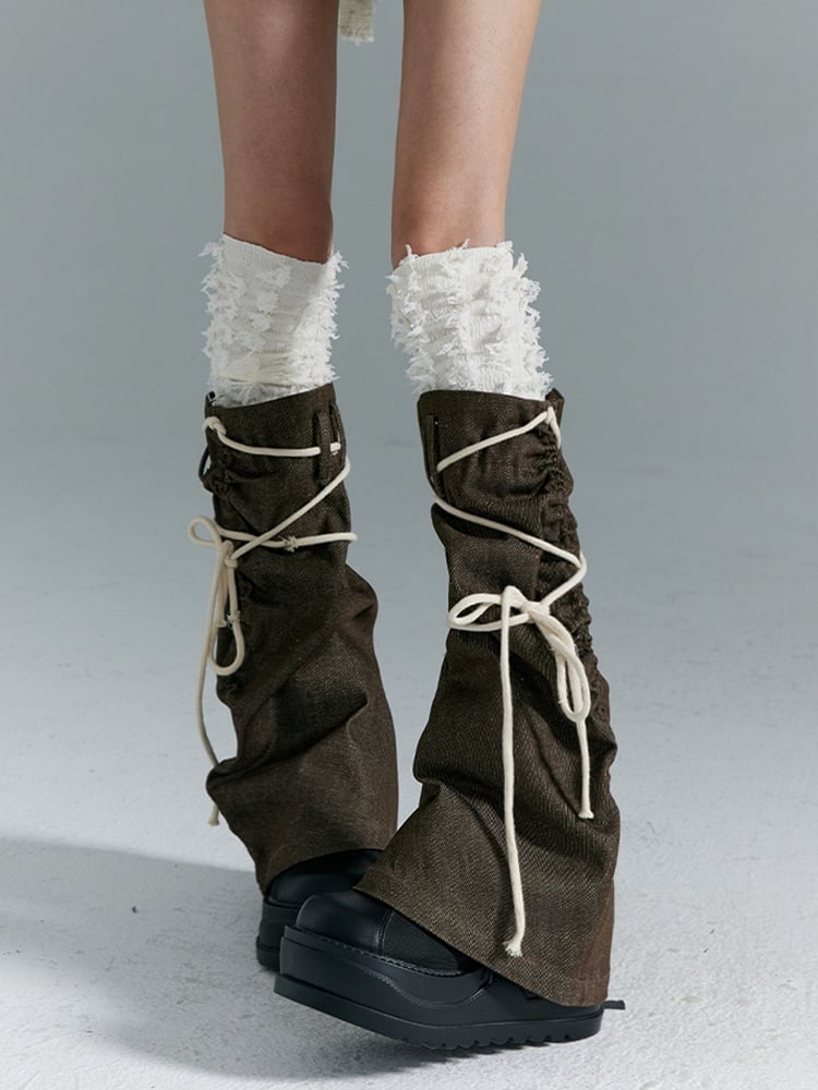 Leg Warmers with White Brown Punk Trim Self-tie Straps