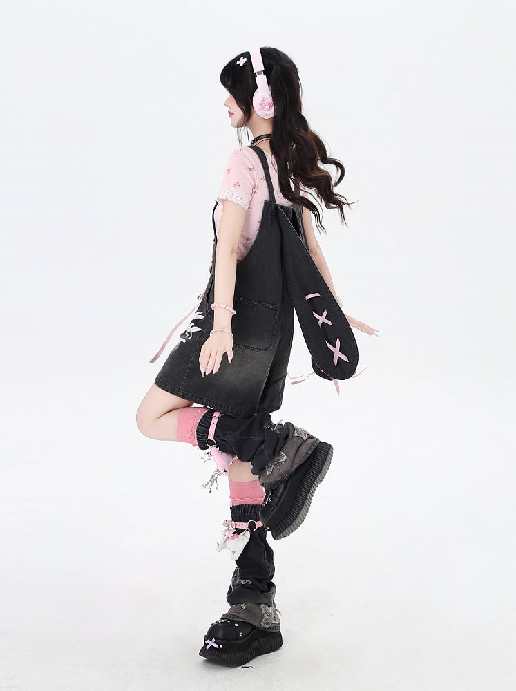 Black Bunny Ears Design Back Adorable Lace-up Denim Overall Shorts