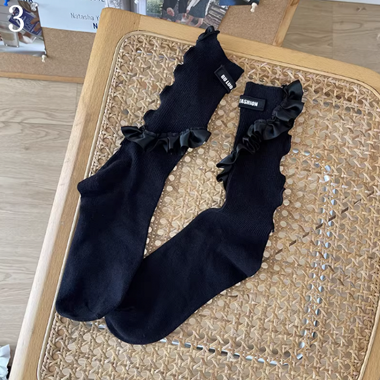 Black/White Trim Socks/Black Y2K Leg Ruffle Loop