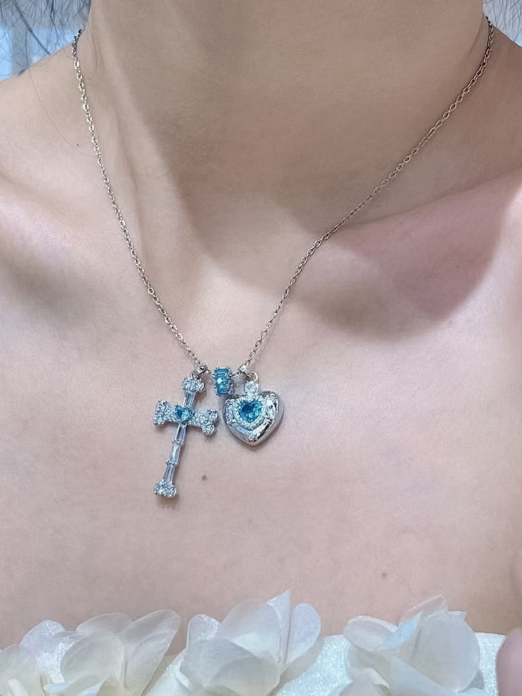 Heart And Pendant Rhinestone Pink/Blue/Green Necklace Y2K Cross Bittersweet