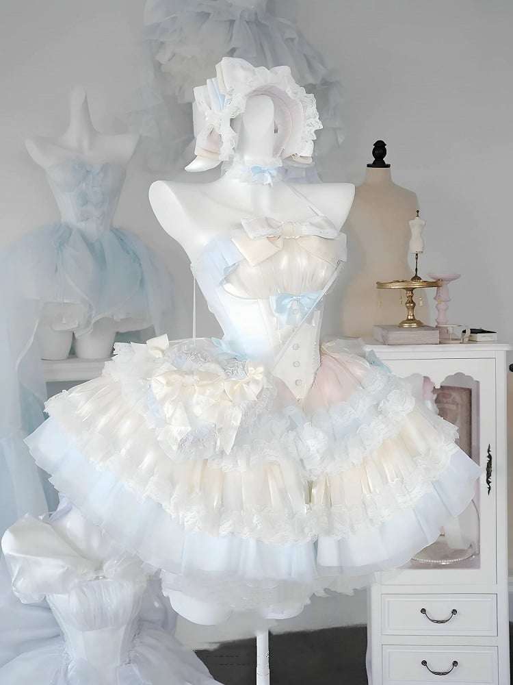Sweet Lolita Balletcore Dress Blue Tiered Pink Skirt Yellow Boned Corset Waist