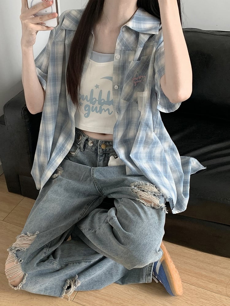 Straight-leg Jeans Blue Low Charm Free Rise Distressed Holes with