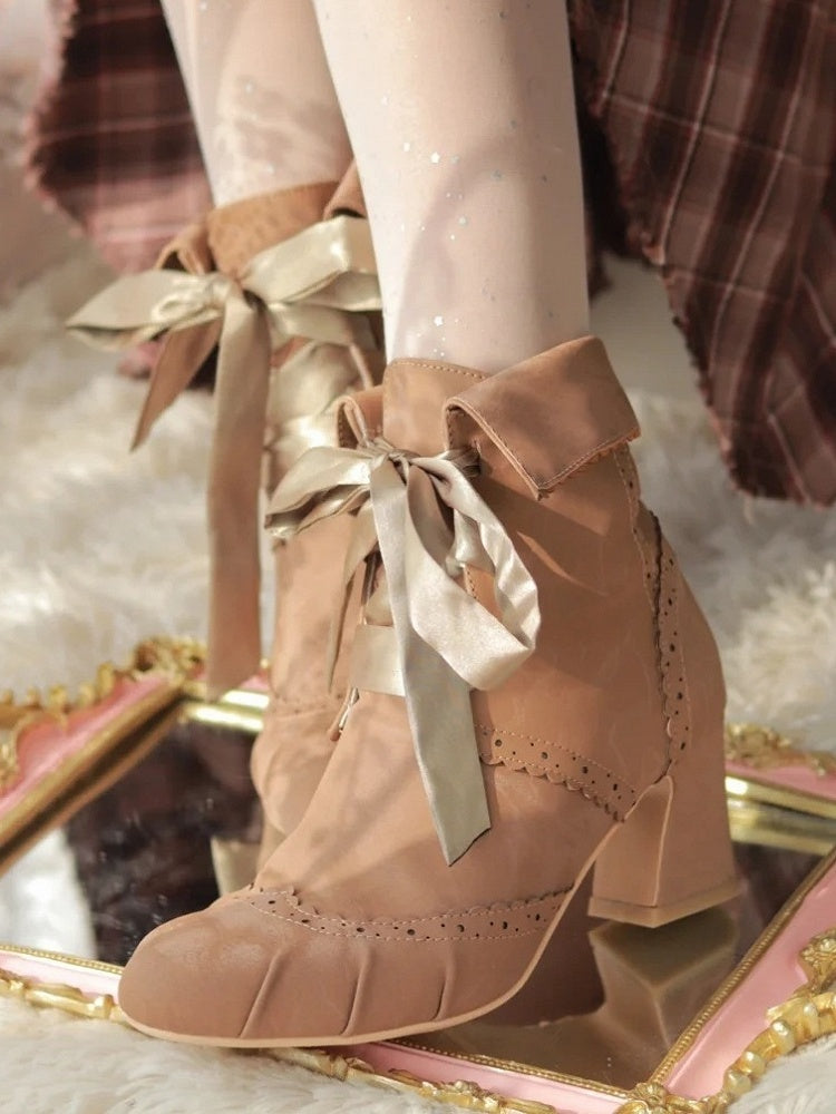 and Boots Fleece Ankle Fold-Over Cuff Design Lolita Brown Lining Plush - with Elegant Lace-Up