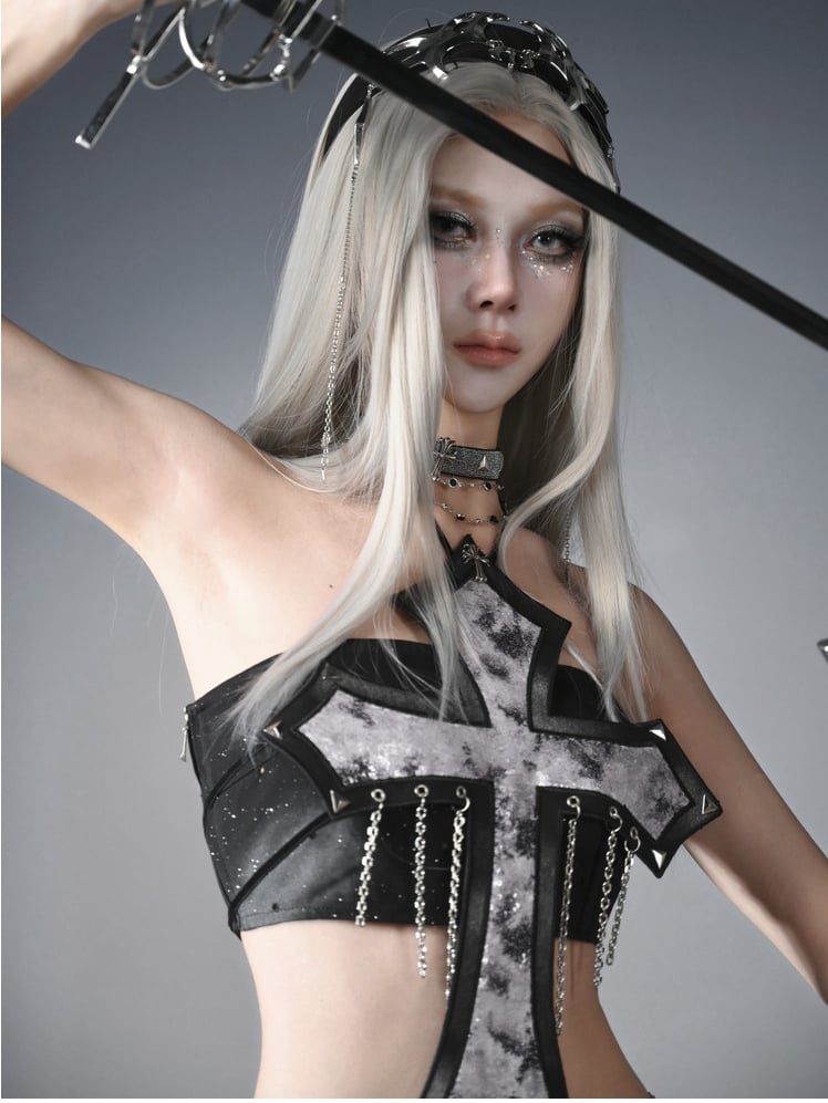Decorated Cross Strapless Cyberpunk Top Fashion Y3K Chains Futuristic Black Silver Sequins and