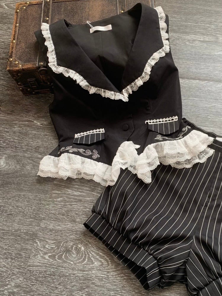 Weiße, gekreuzte Spitzensaum-Schwarze Ouji Lolita-Weste