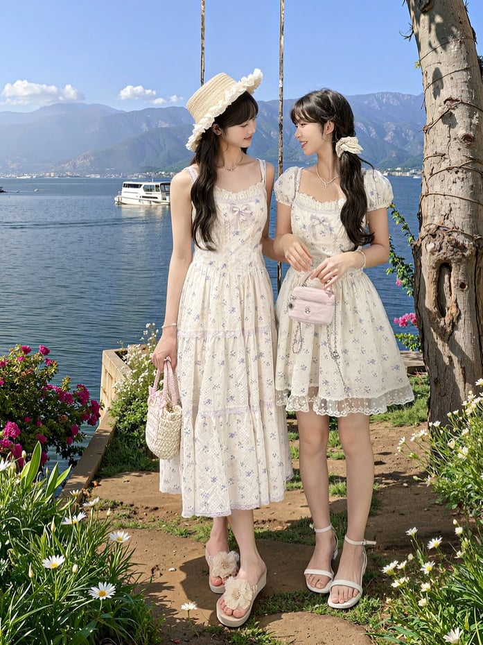 Kei Floral Dress Mori Beige Square Neckline and Short Puff Sleeves