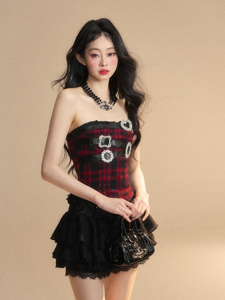 Black Plaid Rhinestone Buckles Lace Trim Glamorous Strapless Top Red