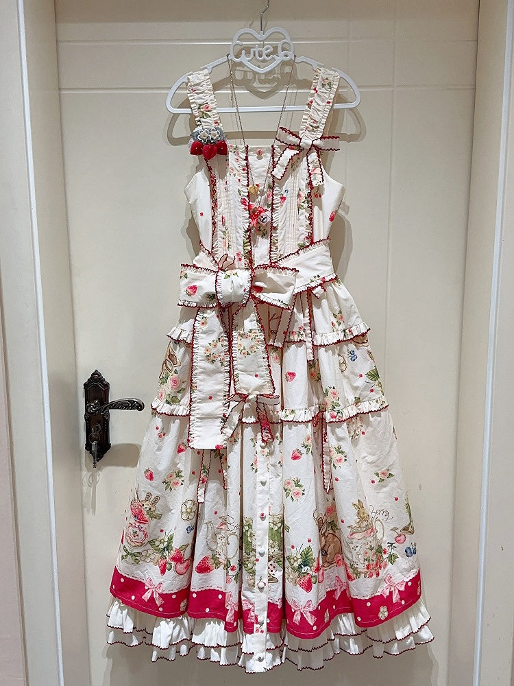 Bunny Pink House Dress Hemline Print Lolita Red Fashion and Strawberry