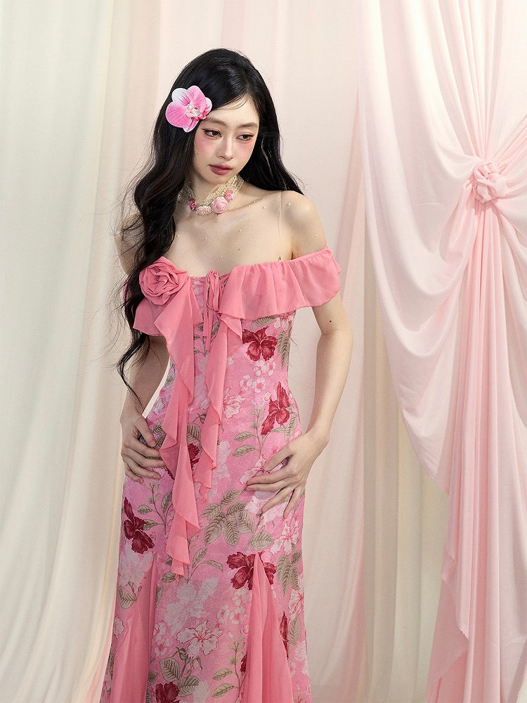 Rose Manor Pink Off-the-Shoulder Cascading Ruffle Accents Floral Chiffon Dress