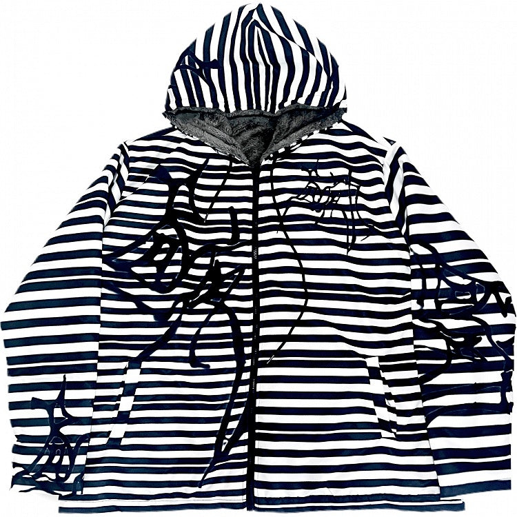 Hoodie Oversized Gyaru BlackWhite Pattern Fashion Zip Striped Closure
