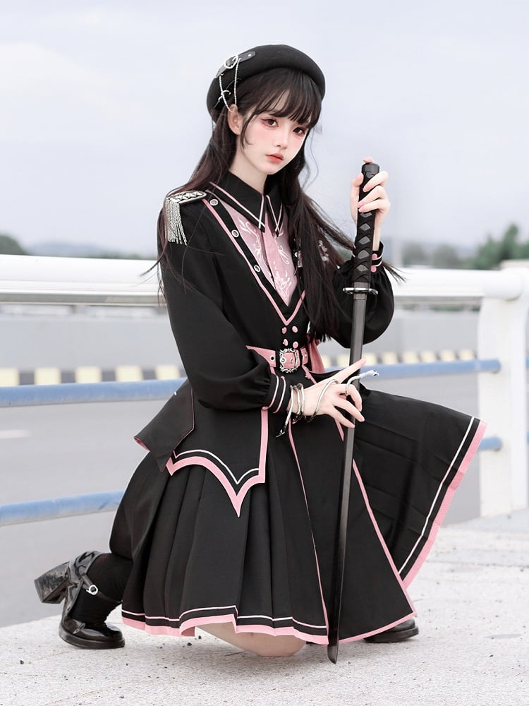 Pink with Military and Design Belt V-neck Lolita Black Ruffled Dress Details Buttons