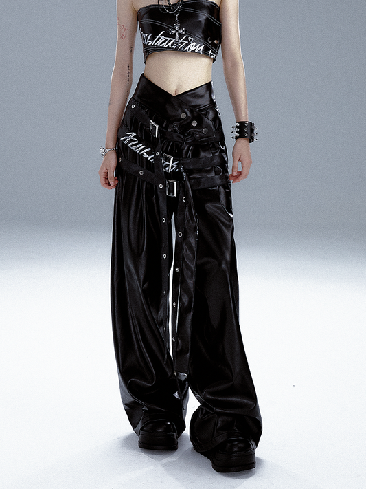 V-neck Black Belts Pants With Graffiti PU Wide-leg Buckle Punk