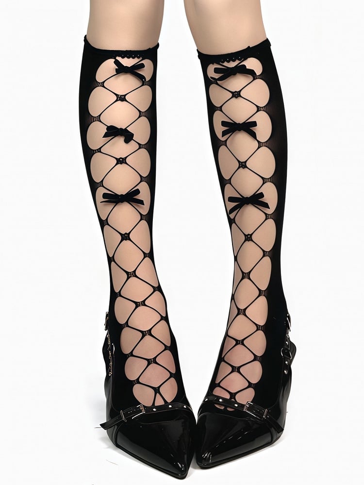 Stockings Details White/Black/Gray Cutout Under-Knee Design Bowknot