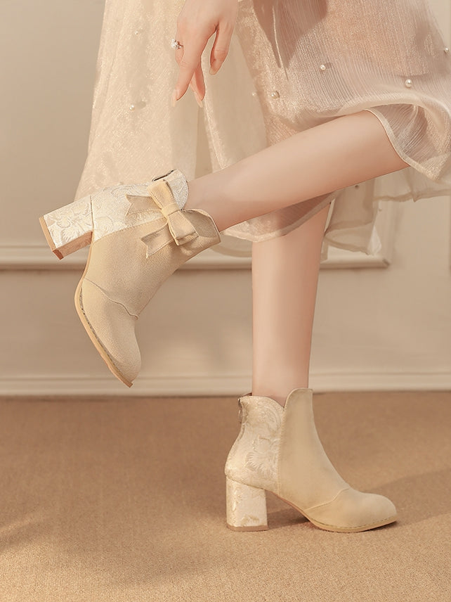 Verschlüsse Block und 6,5 cm Schleife Wildleder mit Rückseite - Akzent Beige Stiefel Satin-Version Ferse Reißverschluss Normal/Dicke Kombination
