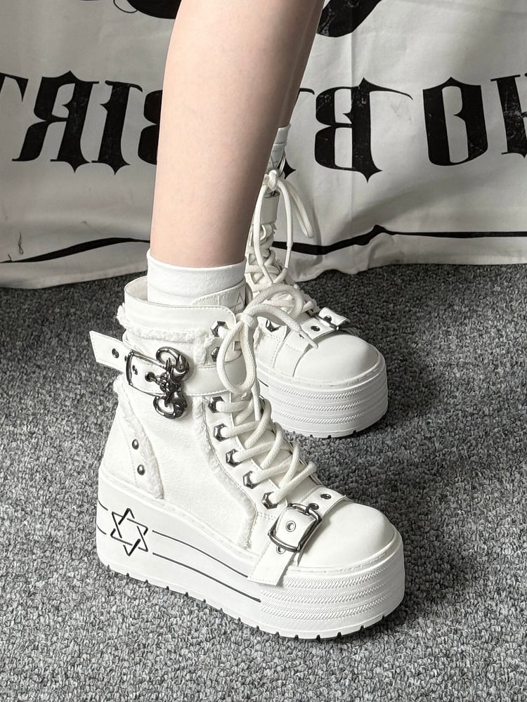 White Style Boots - Hexagram Bullhorn Punk Front Canvas Upper with Lace-Up Clasp Platform