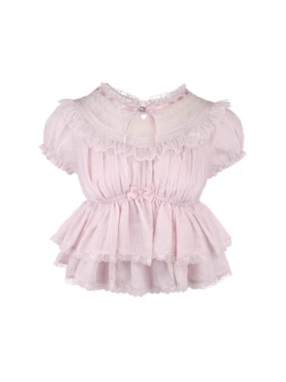 Lace Trim Hem With Peplum Top Puff Pink Sleeves