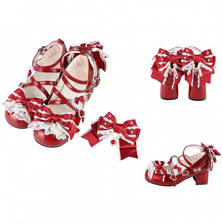 Süße Riemen Kreuzschnalle Rot 2CM/5CM Block Lolita Details Design Schuhe Herz Heels Bowknot