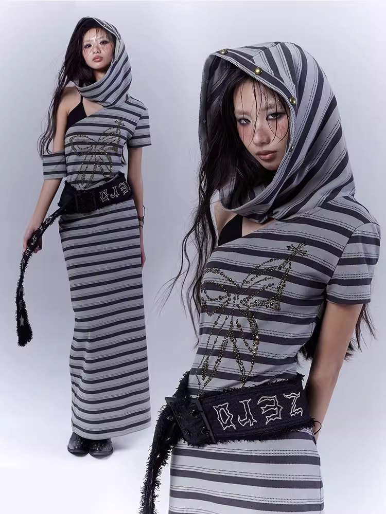 Cutout Wasteland Punk Hooded Buckle Gray Green Striped Dress and with Belt Shoulder