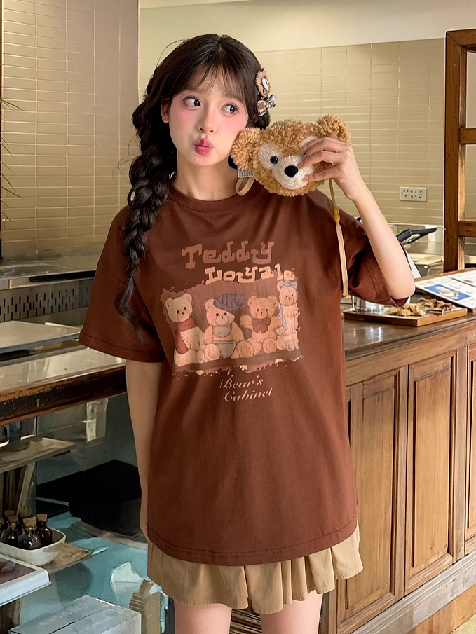 Mushroom Teddy Bear Print Brown Adorable Neck Round Loose T-shirt with Plushie