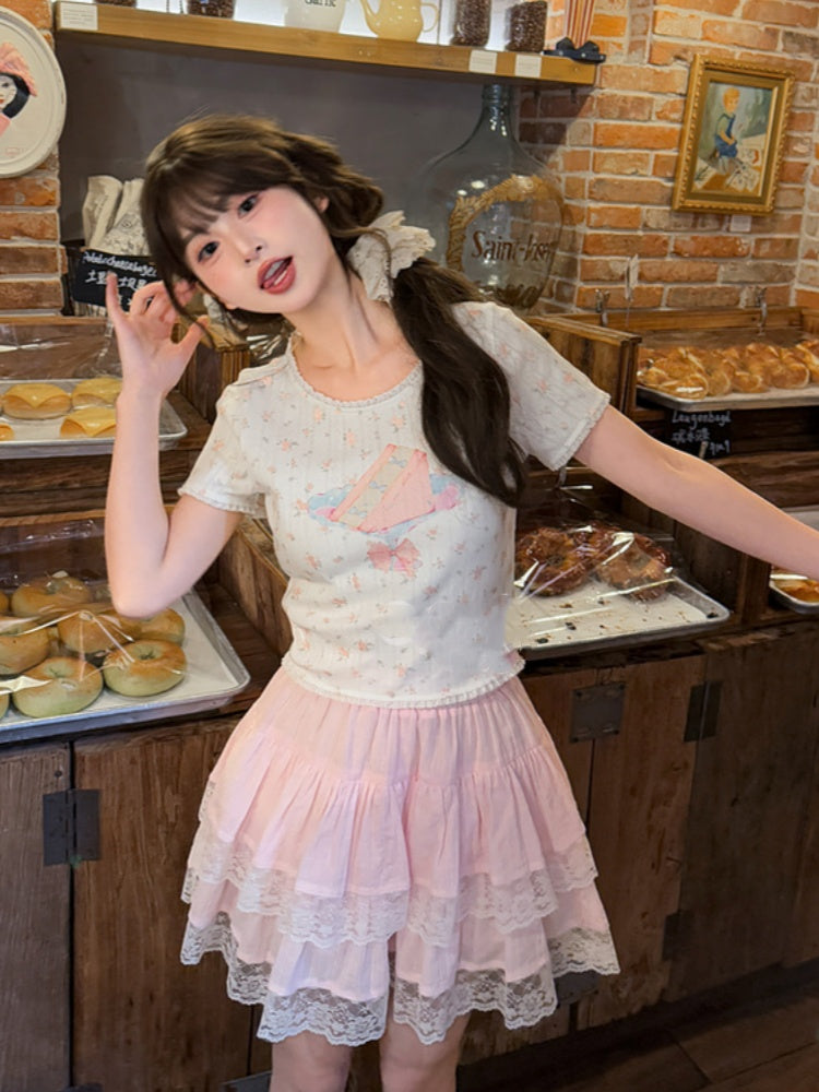Lace White Cake Print Trim Sweet Floral T-Shirt
