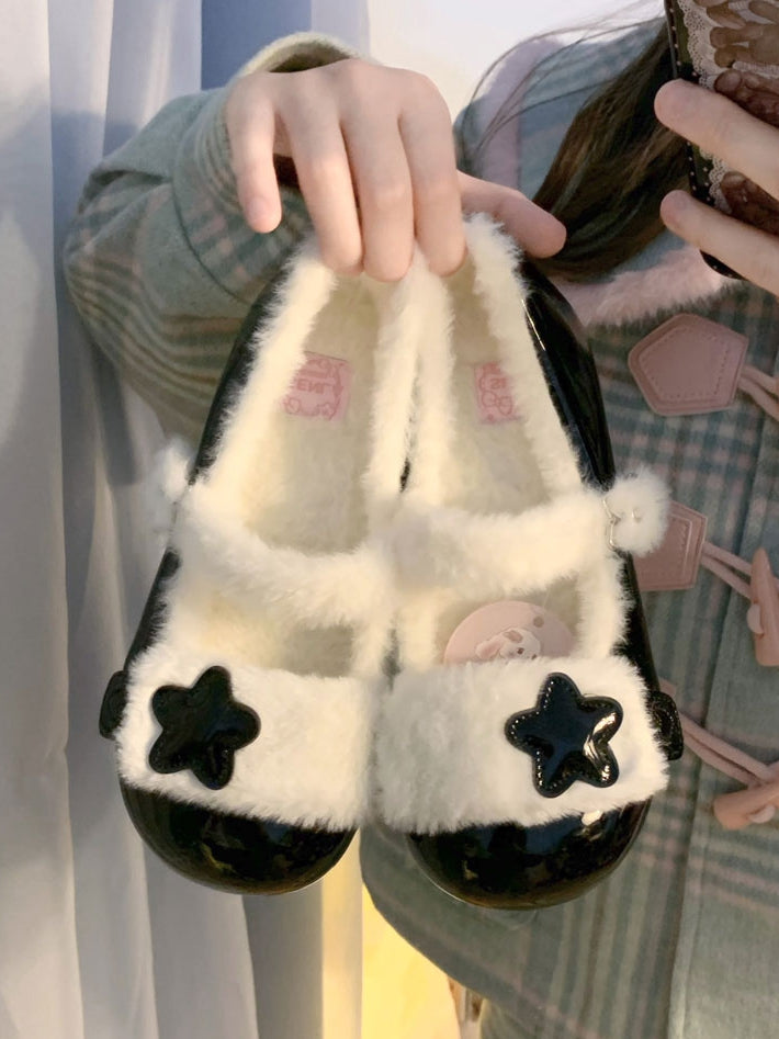 Fleece-Dekor, schwarzes Futter – Riemen, Stern, süße Plüschschuhe, flach