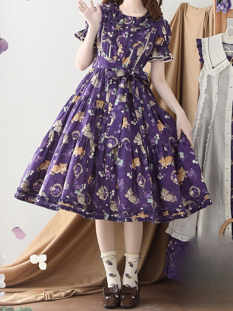 Short Grape Kitty Sleeves Print One Pink Dress Lolita and Piece House Purple Fashion