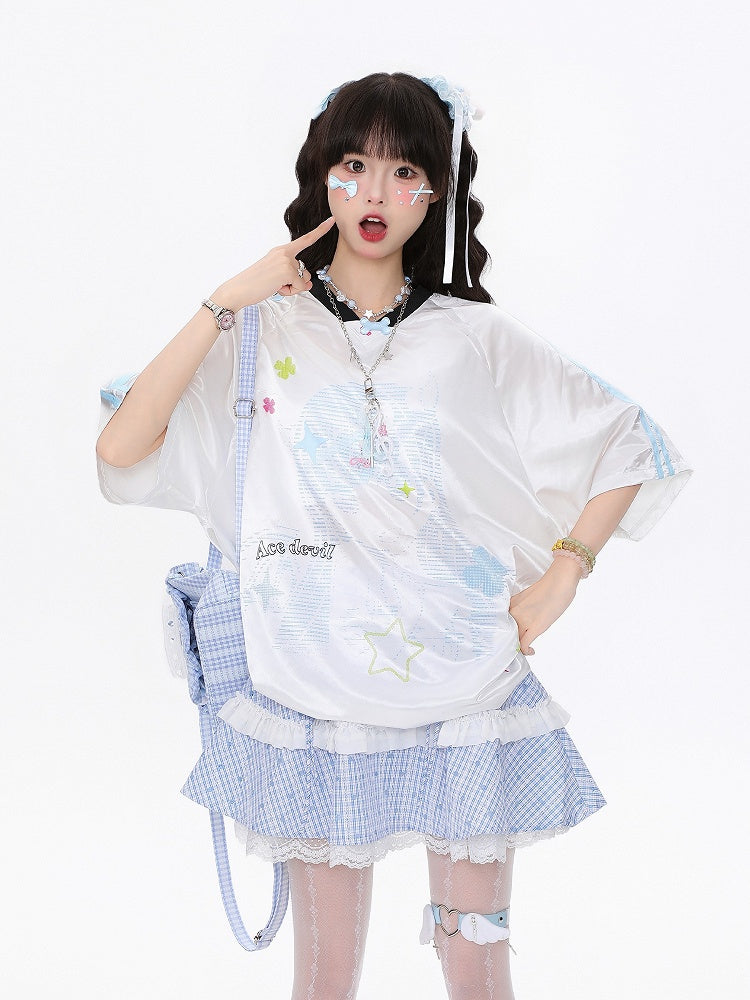 Blue/Pink Oversized Satin Short Sleeve T-Shirt with Clover