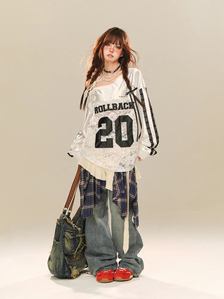 Wide-leg Plaid Jeans Accessory with Cut Blue