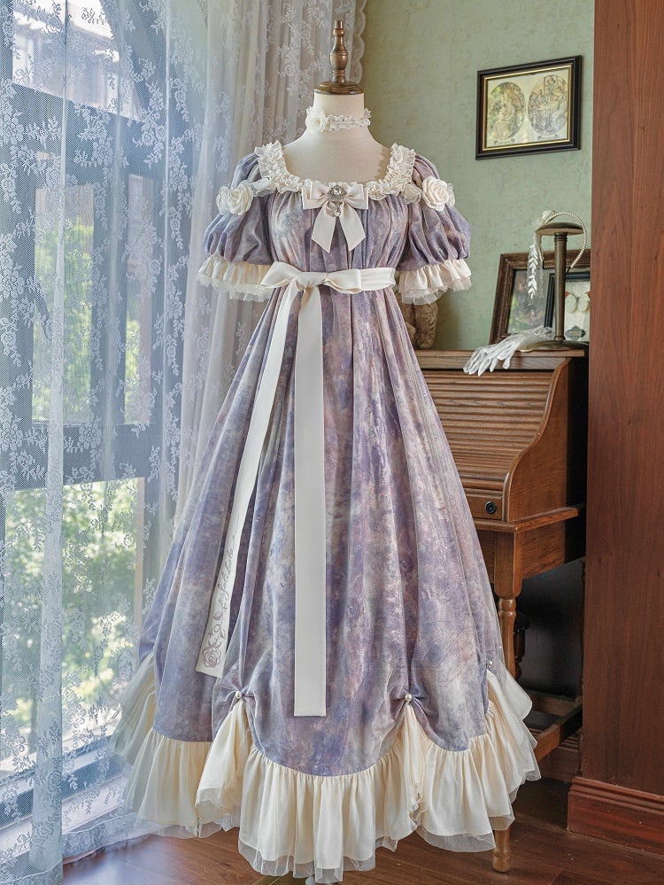 Classic Empire Maxi Piece Purple Lolita Oil One Elegant Waist Painting Dress Print