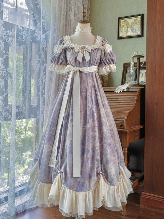 Klassisches Empire Maxi-Stück Lila Lolita Öl Eine Elegante Taille Malerei Kleid Druck