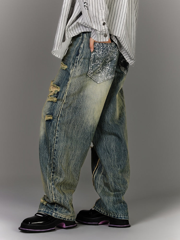 Closure Blue Low Vintage Jeans with Lace-up Waist Faded Wash Distressed Holes