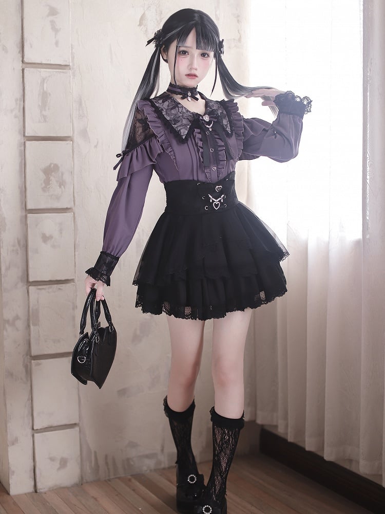 Kei Collar Gothic Black and Style Pointed Blouse: Dark Purple Cutouts with Royal Lace Jirai