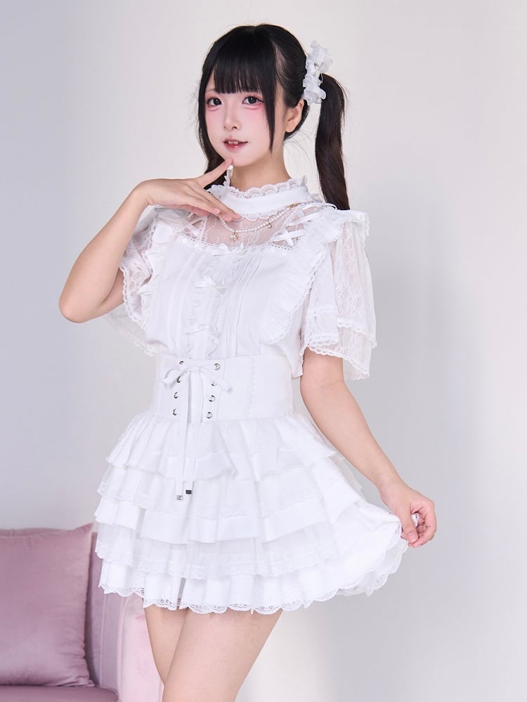 Ärmel Jirai Kei Weiße kurze Bluse mit überkreuztem Illusionsausschnitt und Perlenketten