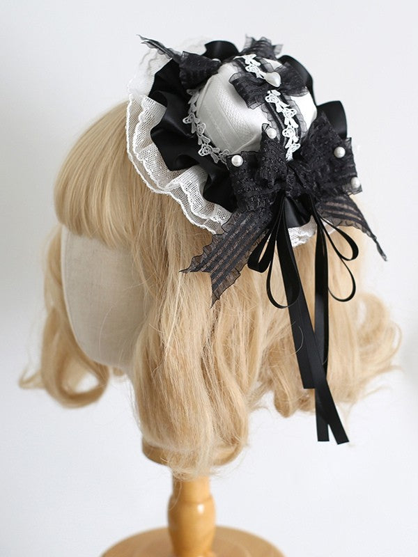 Perlenspitze, süße Clips, Details, Schleifenbesatz, weiß-schwarzer Hut, Mini, verziert mit Lolita