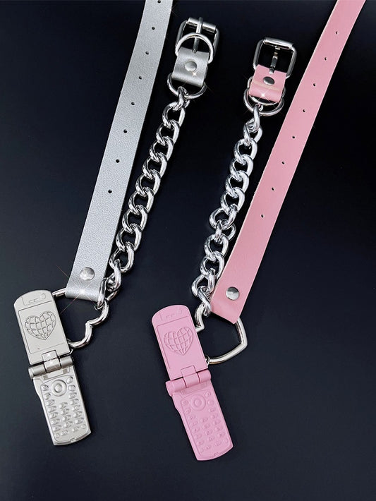 PU Pink/Silver Phone Y2K Pendant Choker