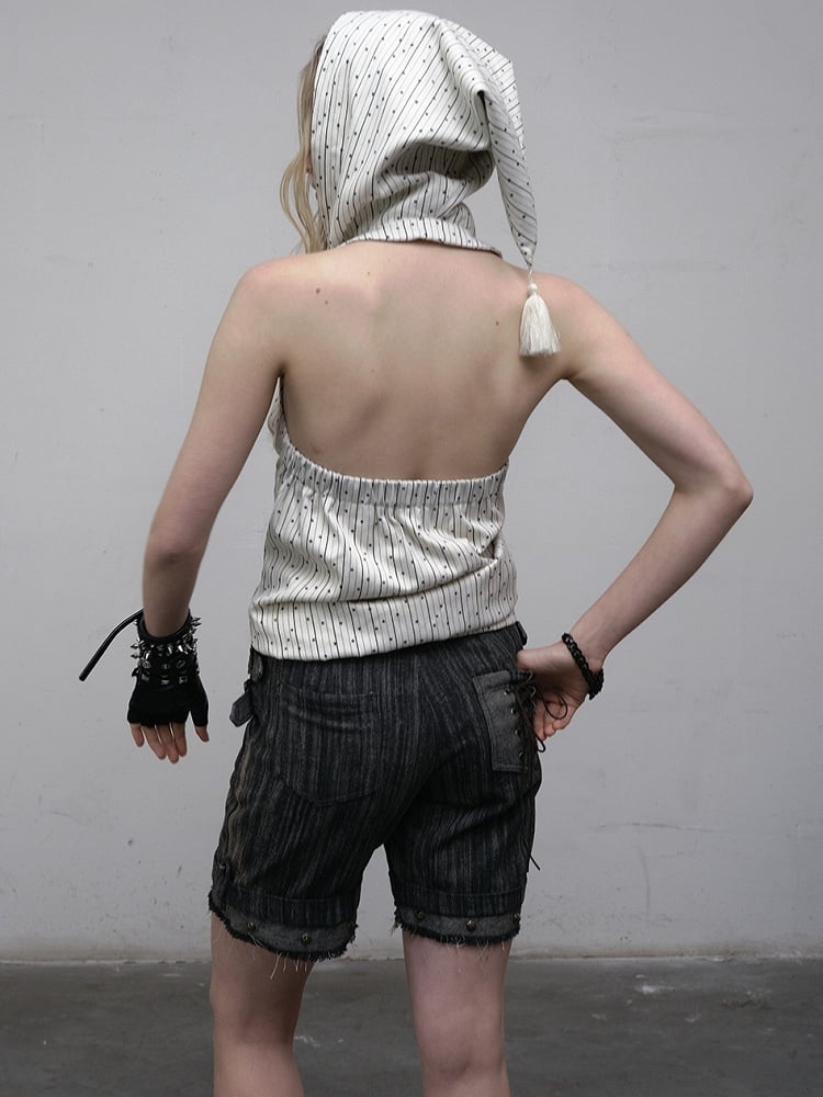 Print Top White Star Pattern Lace-up Sleeveless Hoodie Striped Detail