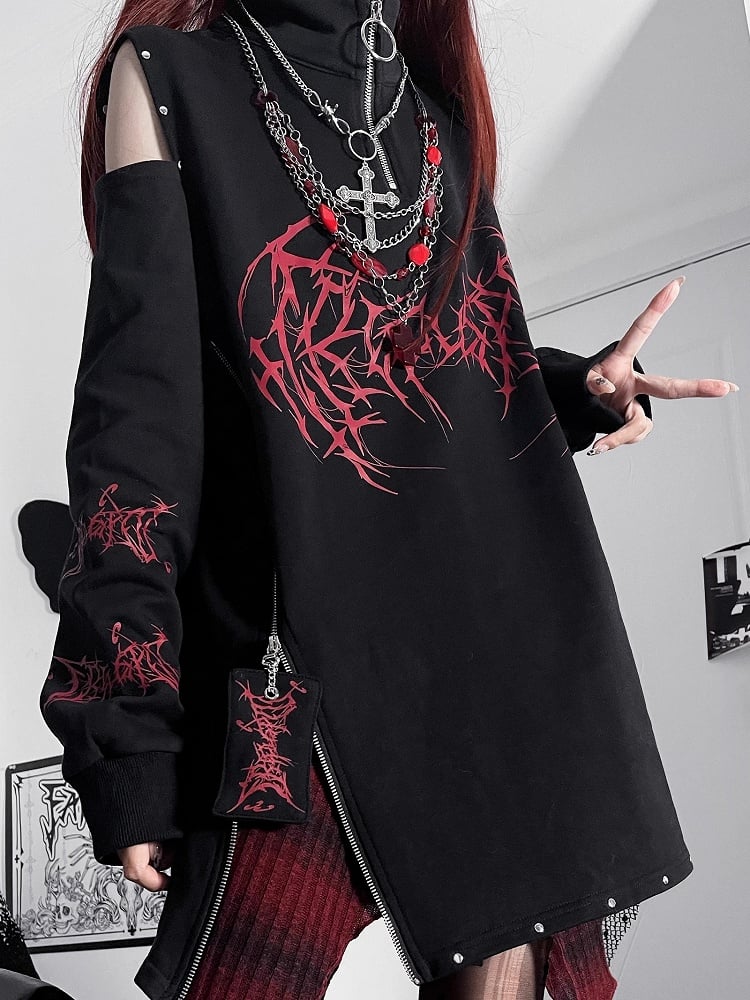 Design Cutout Sweatshirt Shoulder Emo BlackWhite Punk