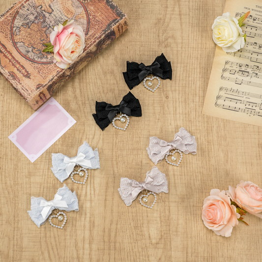 5 Colors Beaded Heart Charm Jirai Kei Lace Bow Hairclips