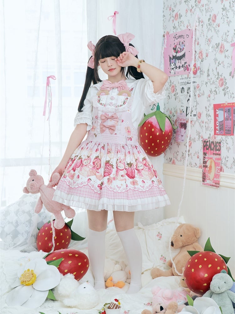 Pink Strawberry Bear Sweet Lolita Dress Cottagecore Country Jumper Skirt
