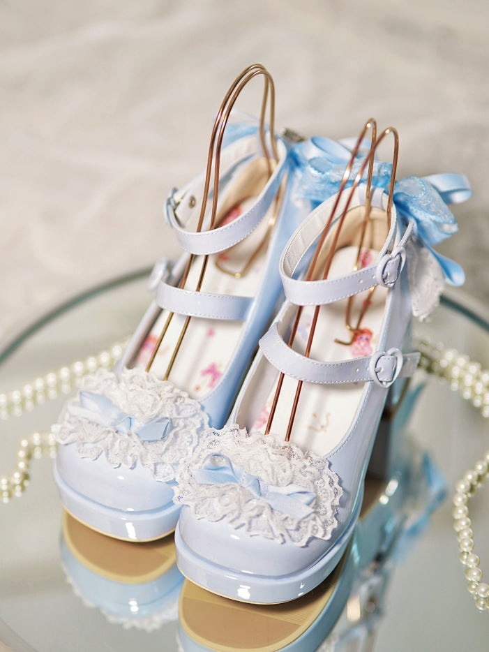 Blue Heels Top Knotted Buckles at Bow High Trim Lace Block Heart