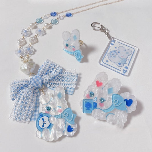 Hairclips/Keychain Blue Necklace/Rabbit Beads Ring/Rabbit Rabbit Pink Lace and Bow Pendant