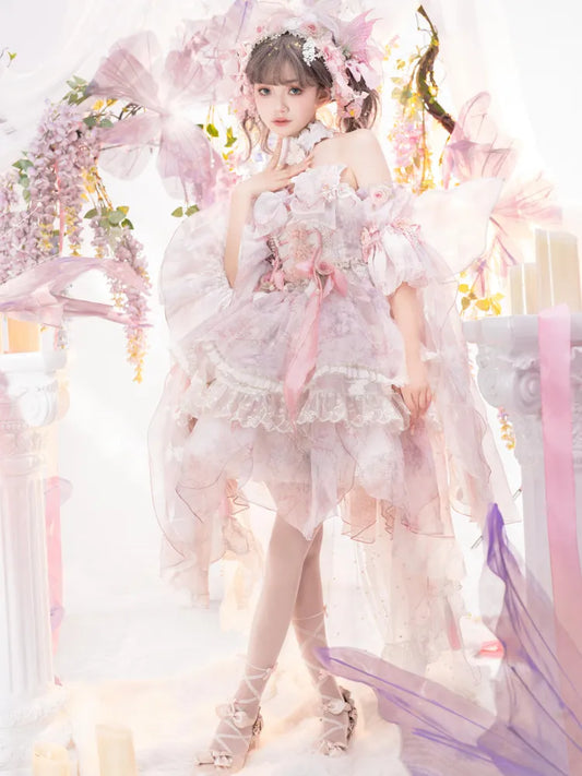 Rosa Prinzessin Fee Blumenmuster Set voller Schmetterling und JSK Kleid Lolita Blume