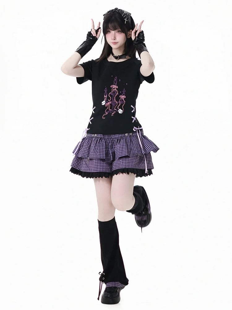 Y2K Purple Elastic Waist Lace Trim Plaid Skort
