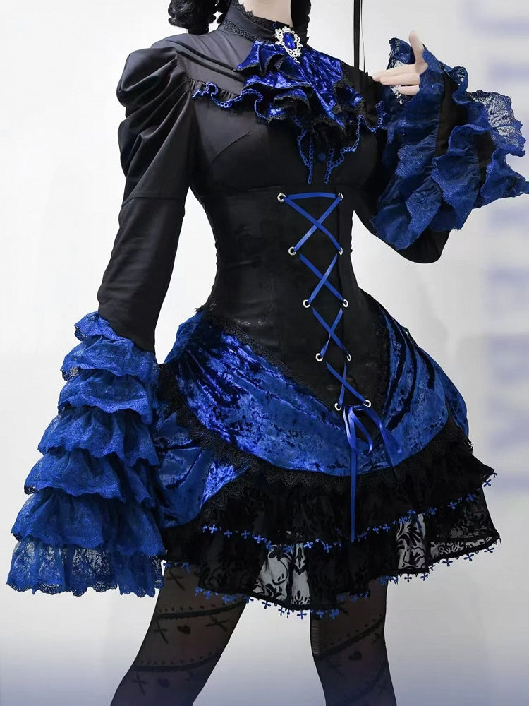 Waist High Skirt Lolita Boned Black Corset Klein Gothic Blue and Super