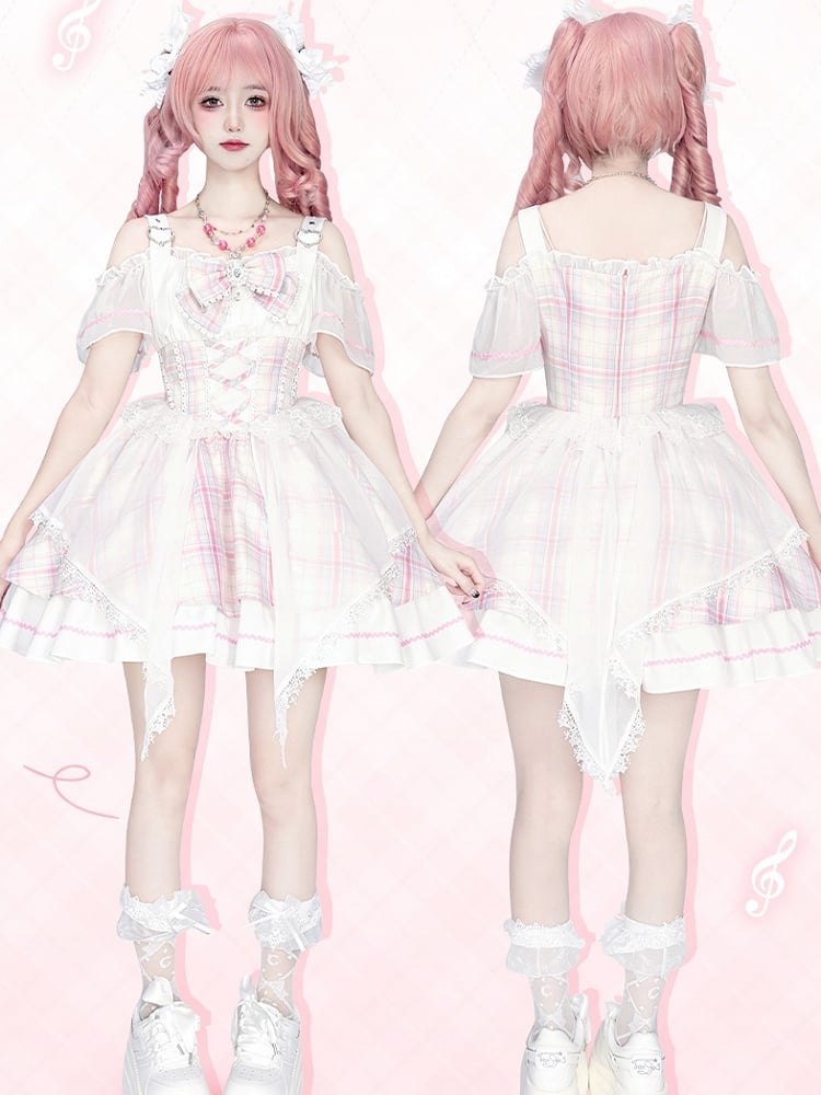 Süßer, schulterfreier Lolita-Pullover mit Idol-Ausschnitt und rosa Karomuster