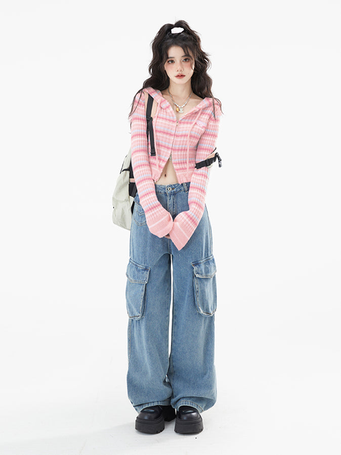 Black Pattern Stripe Hooded Cardigan / Pink