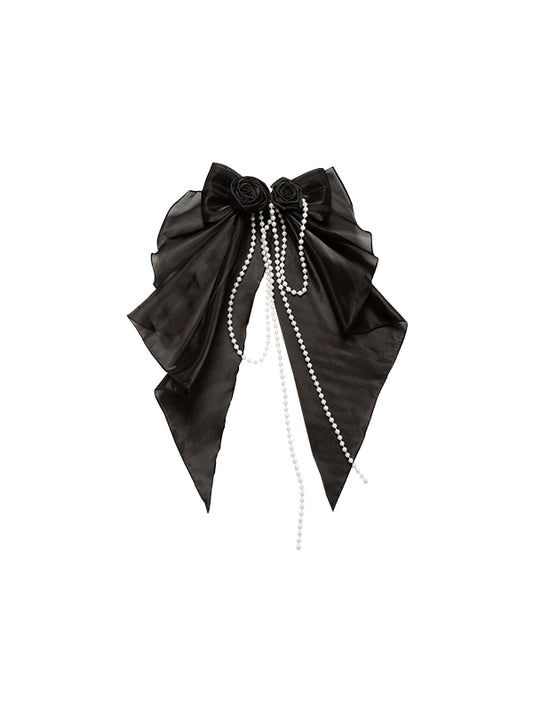 Decorated Bead Chain Bow Black and Rose Brooch